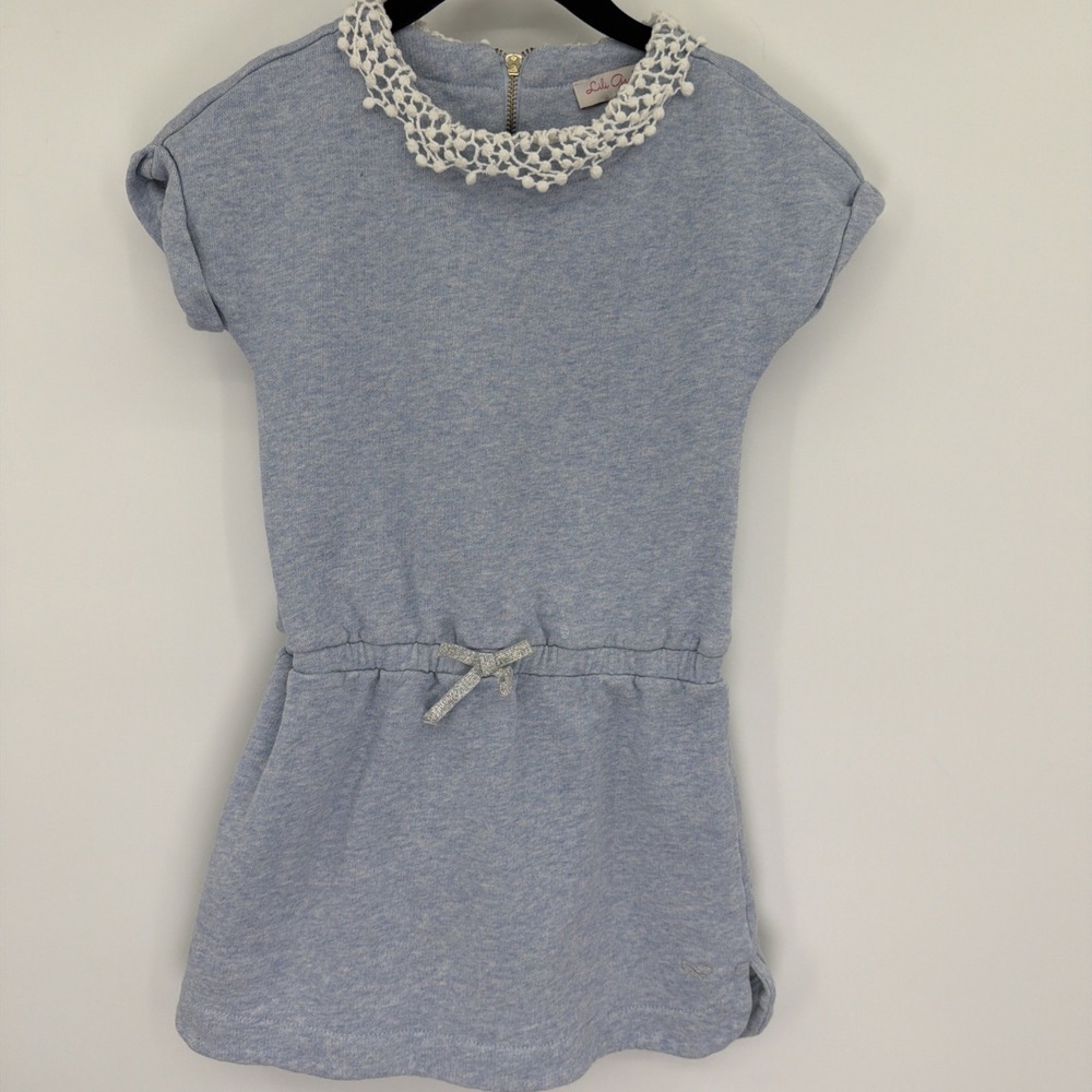 Lili Gaufrette Sz‎ 6 Powder Blue Heather Jersey Dress Lace Collar Bow France
